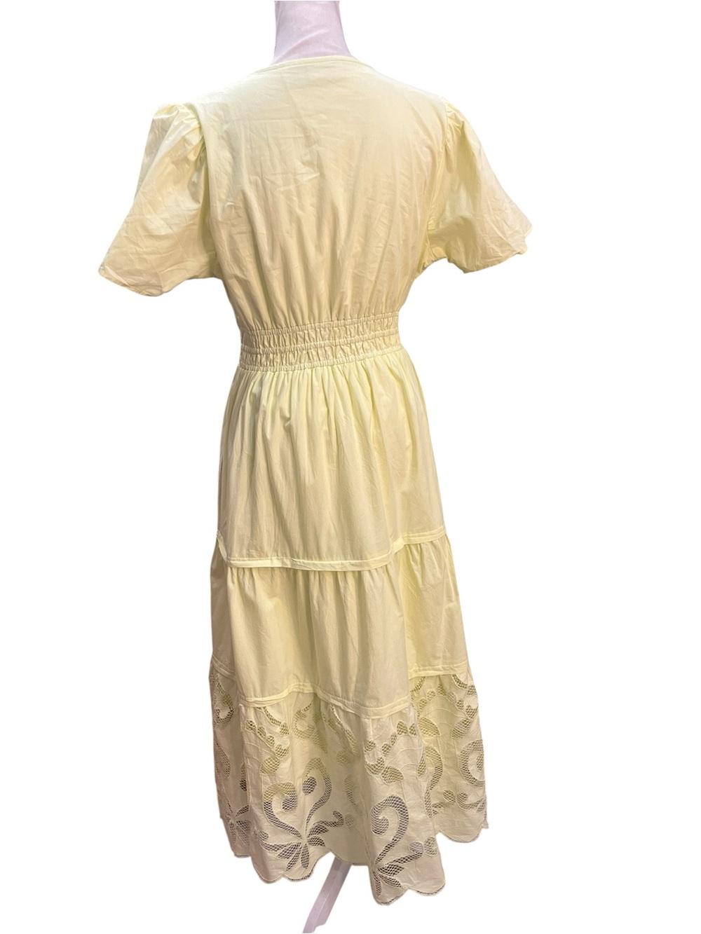 Haute Hippie Style Yellow Cotton Midi Dress Eyelet Hem Smocked Waist M - Picture 7 of 14